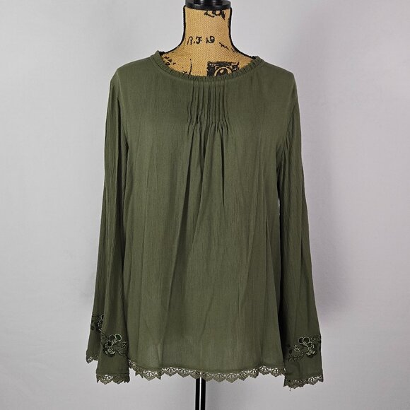 Olive Green Lace Trim Embroidered Blouse Time and Tru L Boho Festival - Picture 1 of 13
